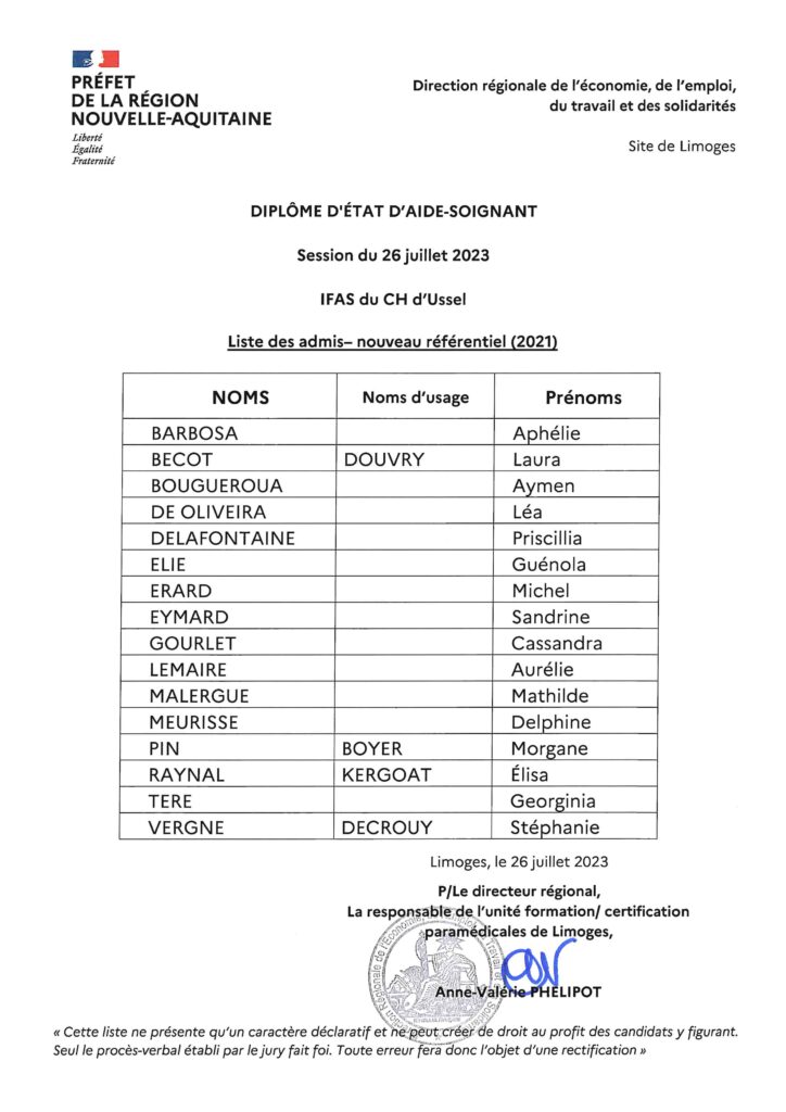 Diplôme d'Etat Aide-Soignant(e) - Liste des admis - IFSI IFAS USSEL Corrèze - 26 juillet 2023