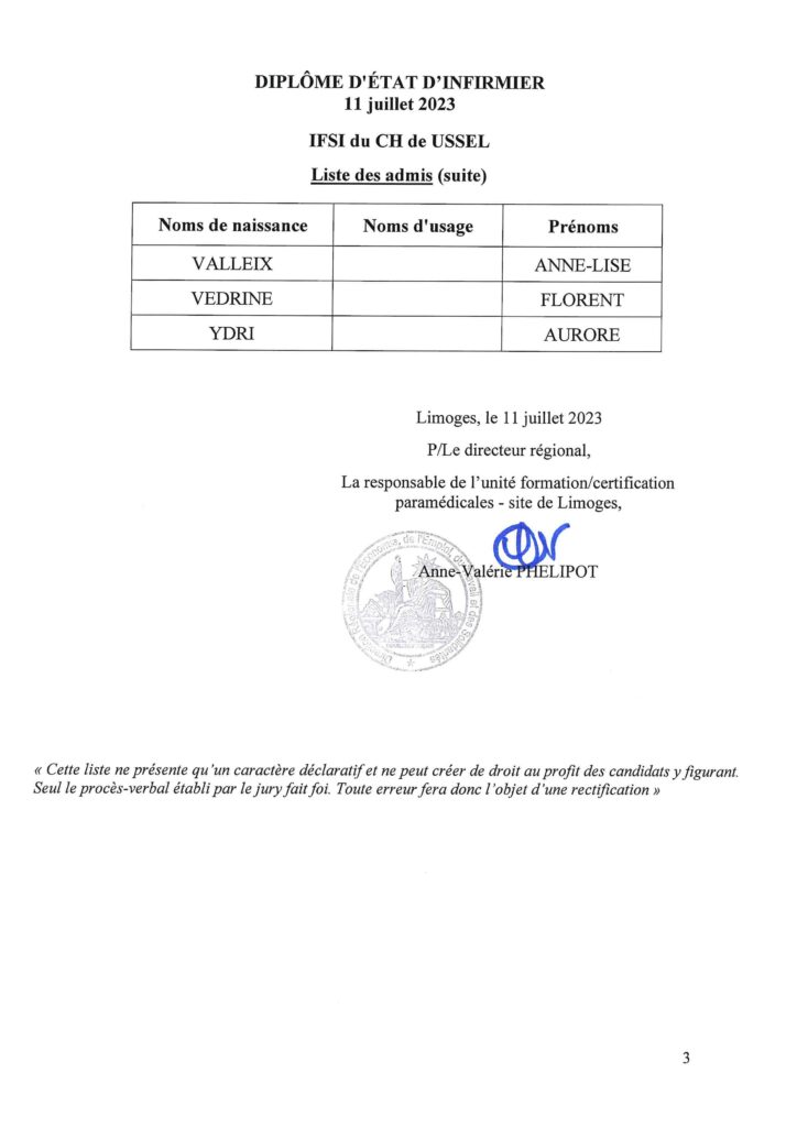 Diplôme d'Etat Infirmier : 11 juillet 2023 Liste des admis IFSI CH USSEL - Corrèze