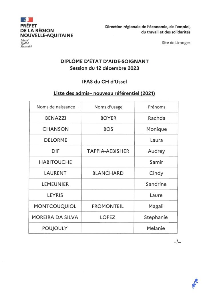 Résultats Diplôme d'Etat Aide-Soignat(e) DEAS Limoges 12-12-2023 Liste des admis - USSEL // Page 1