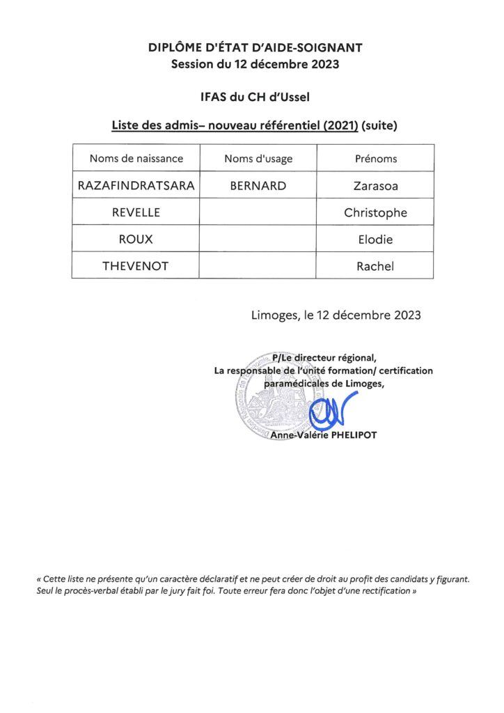 Résultats Diplôme d'Etat Aide-Soignat(e) DEAS Limoges 12-12-2023 Liste des admis - USSEL // Page 2